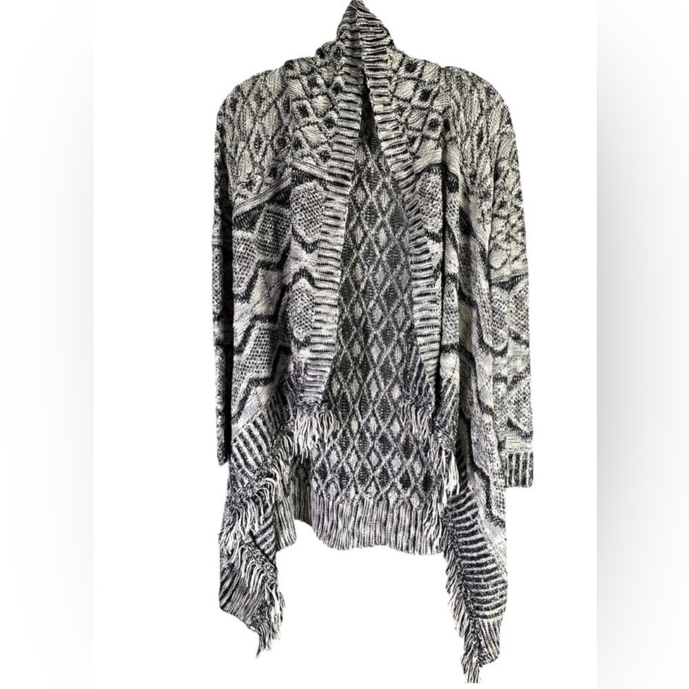 Romeo + Juliet Cardigan Sweater Womens S Black White Drape Open Front Fringe Hem